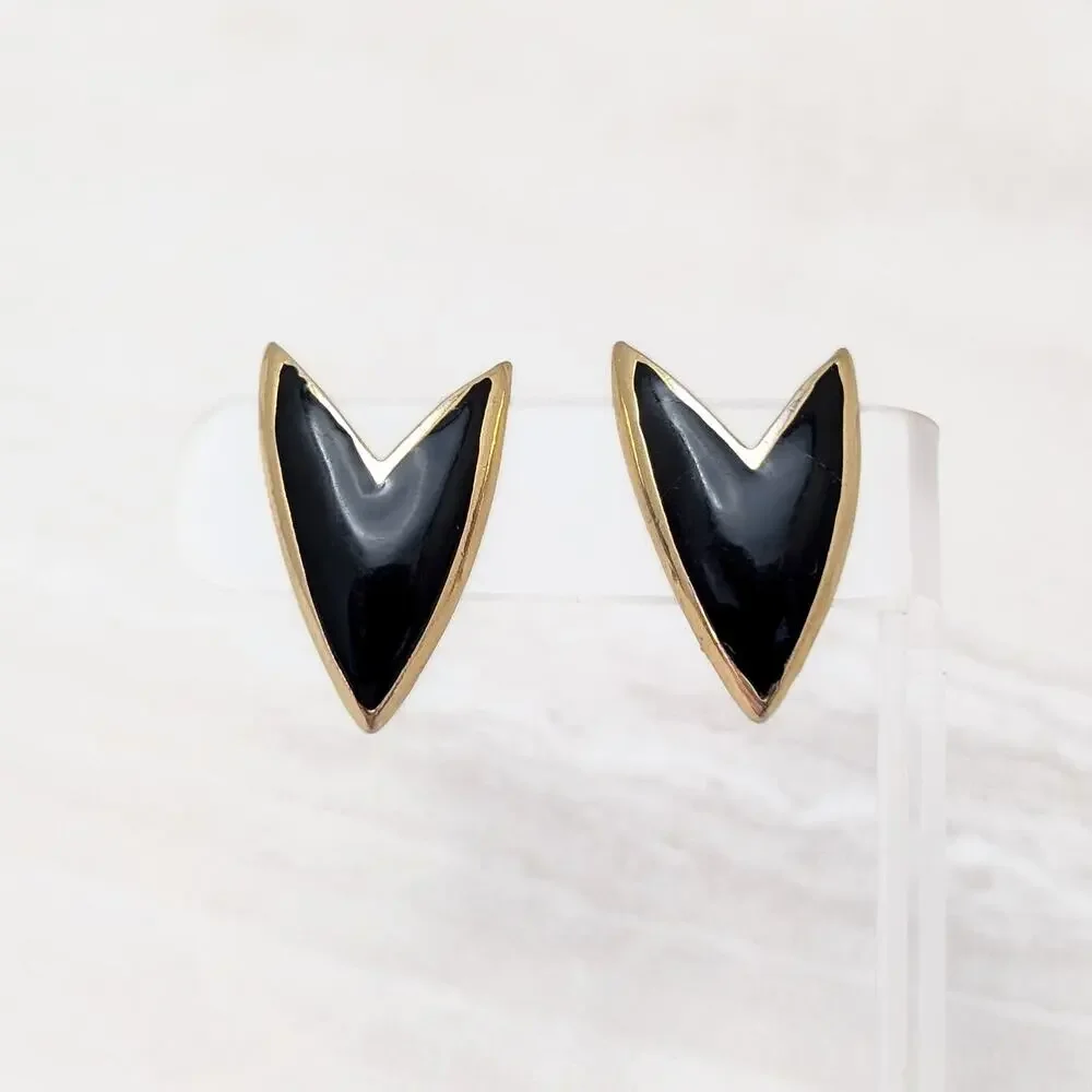 Vintage Clip On Earrings Black & Gold Stylish Retro Statement - Fair Condition